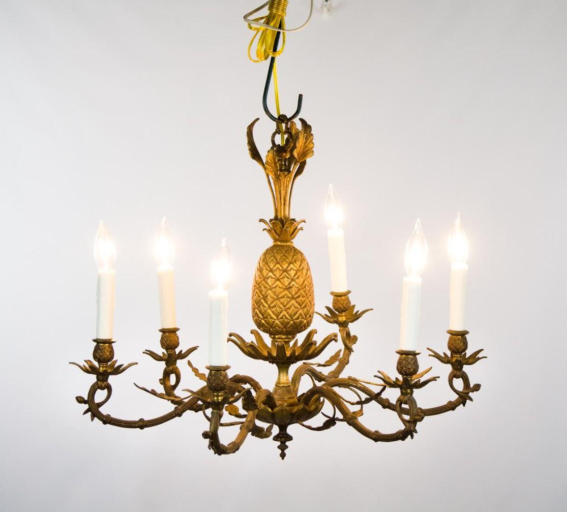 1960s Hollywood Regency Brass Pineapple Six Light Chandelier - Reaob